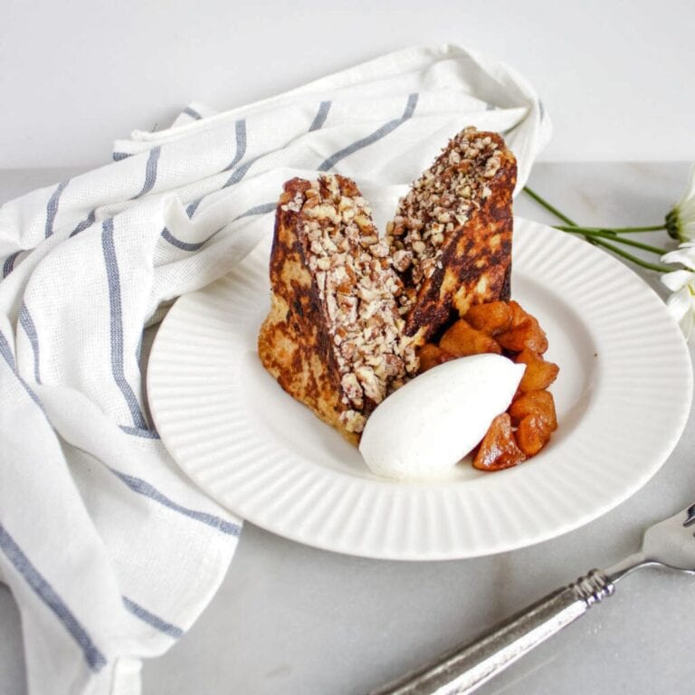 Nutella French toast with caramel apples and a scoop of chantilly.