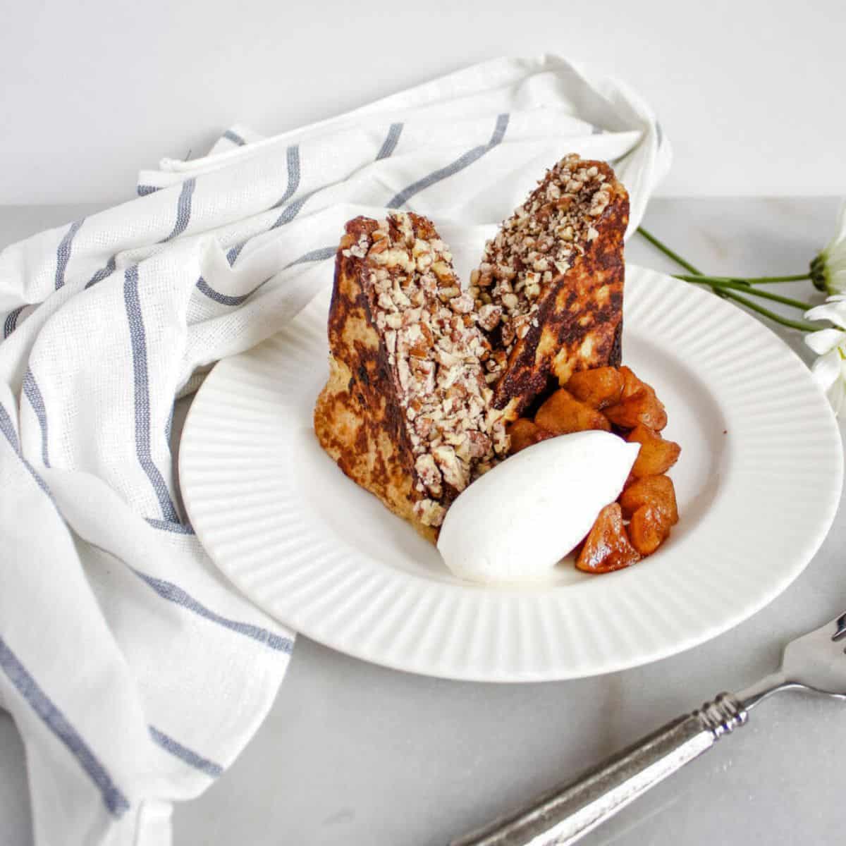 Nutella French toast with caramel apples and a scoop of chantilly.