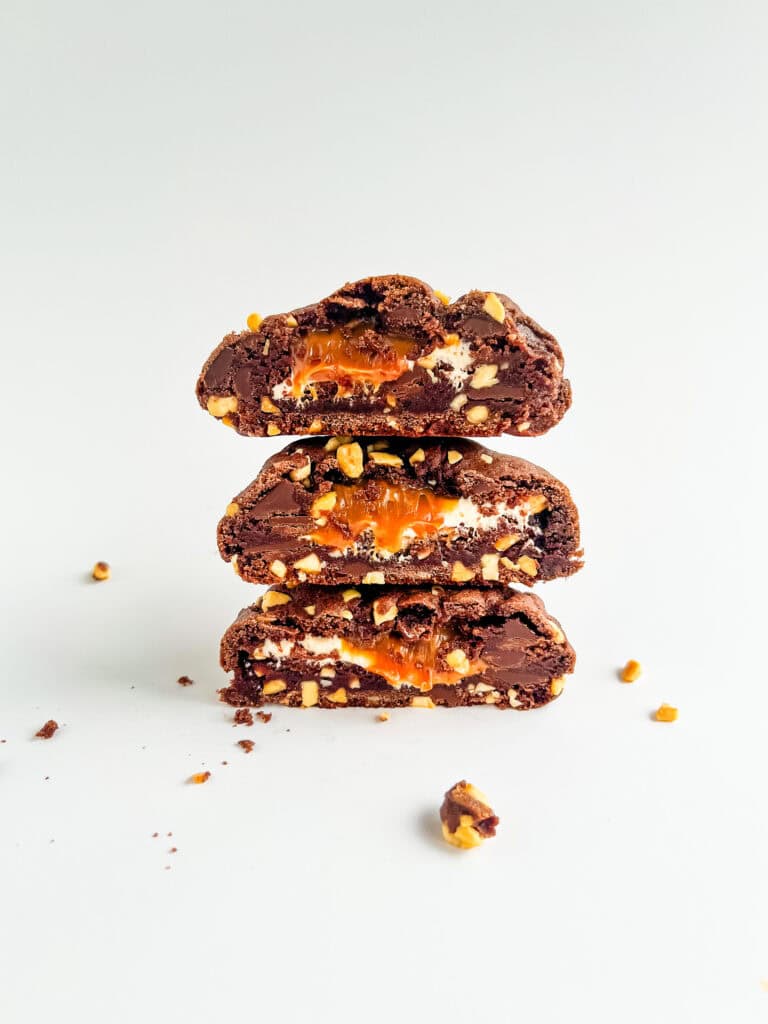 Chocolate cookies with a peanut butter and caramel filling