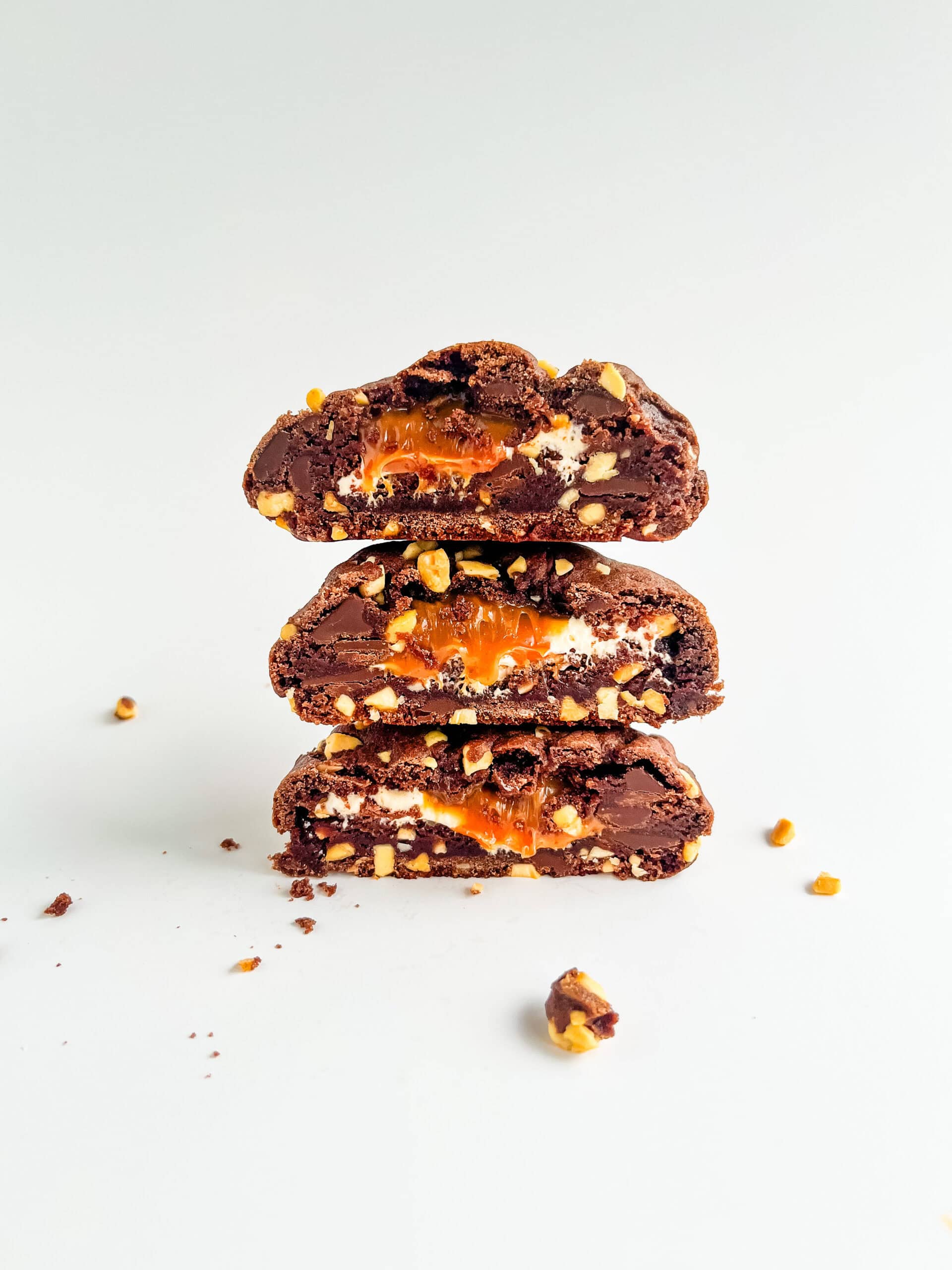 Chocolate cookies with a peanut butter and caramel filling