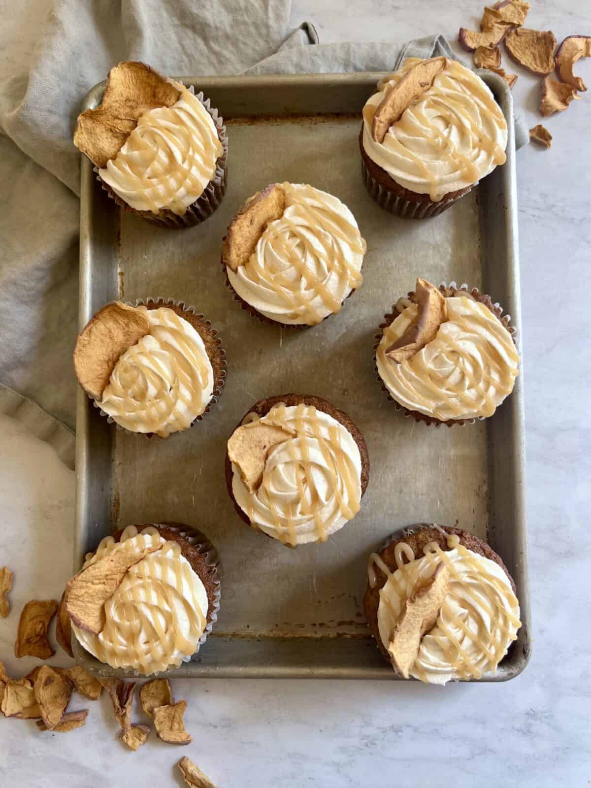 Caramel apple cupcakes in a tray ready to be served