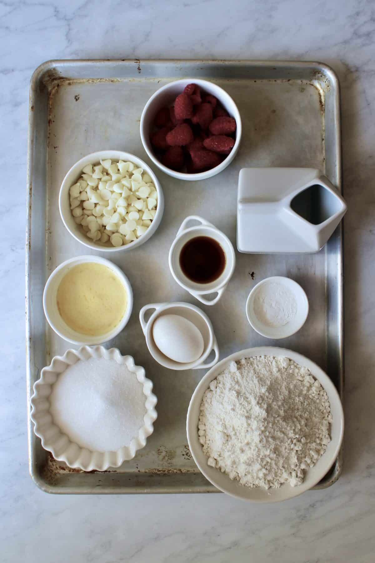 Ingredients for the raspberry white chocolate cupcake.