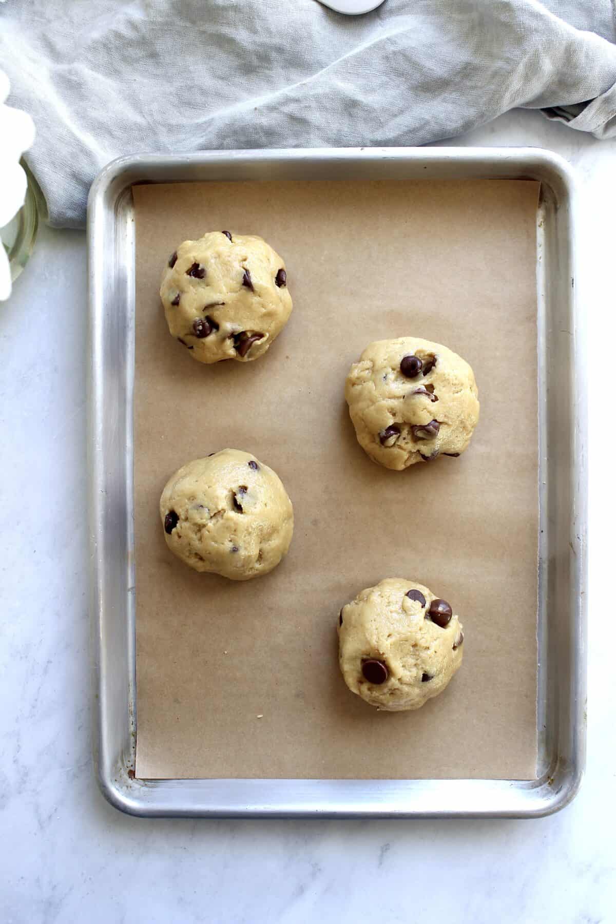 Chocolate chip cookies ready to be baked